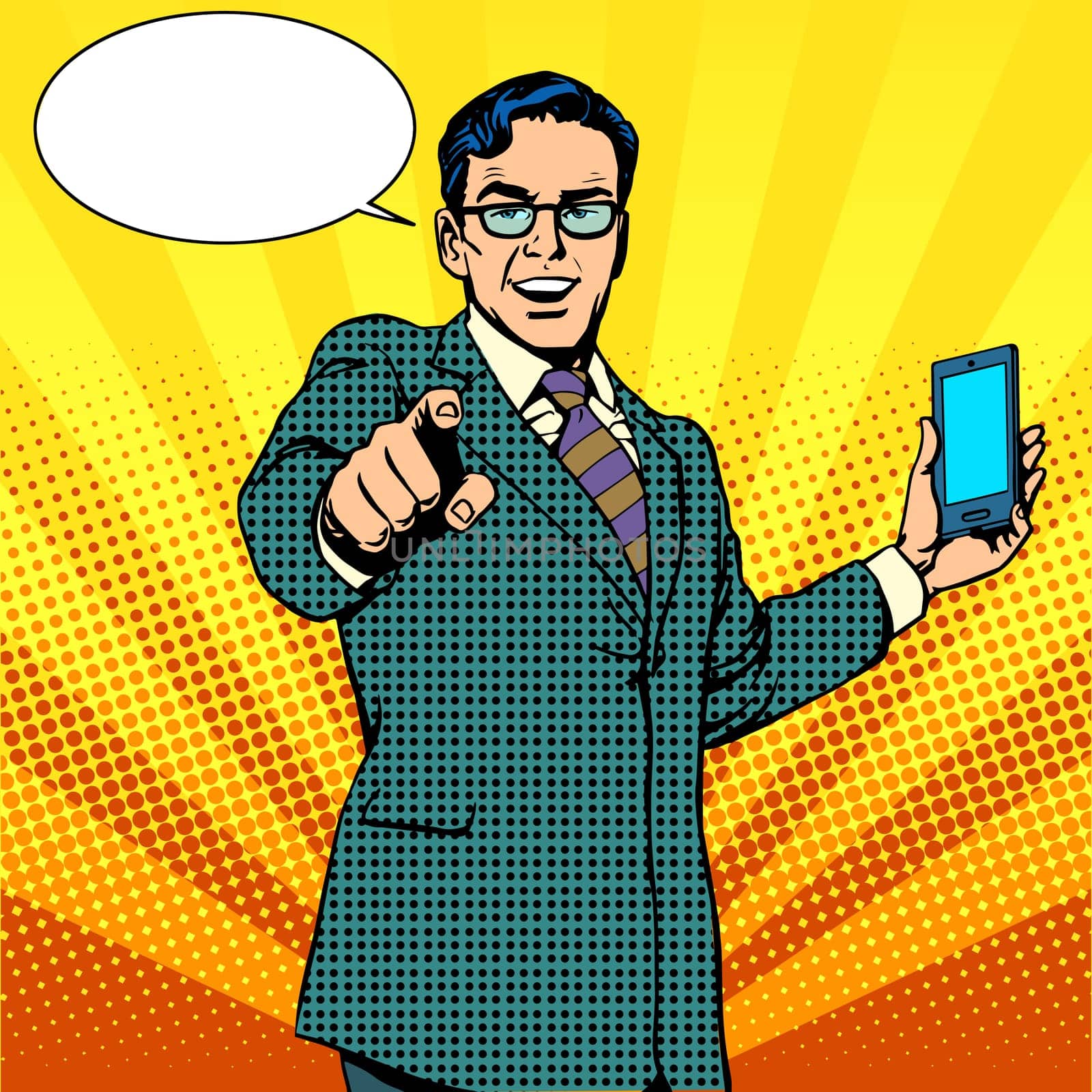 buy a new gadget and phone business concept pop art retro style. Businessman touts smartphone