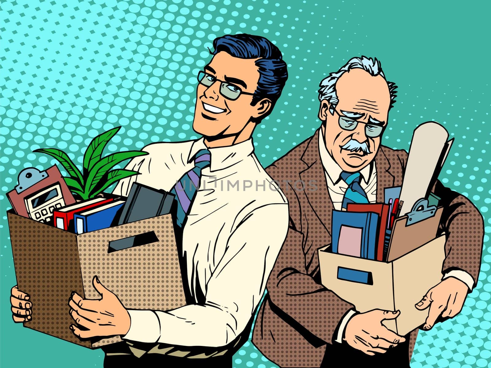 Retired business concept job search and dismissal pop art retro style. Young managet comes to the office at workplace old man. Happy and sad people