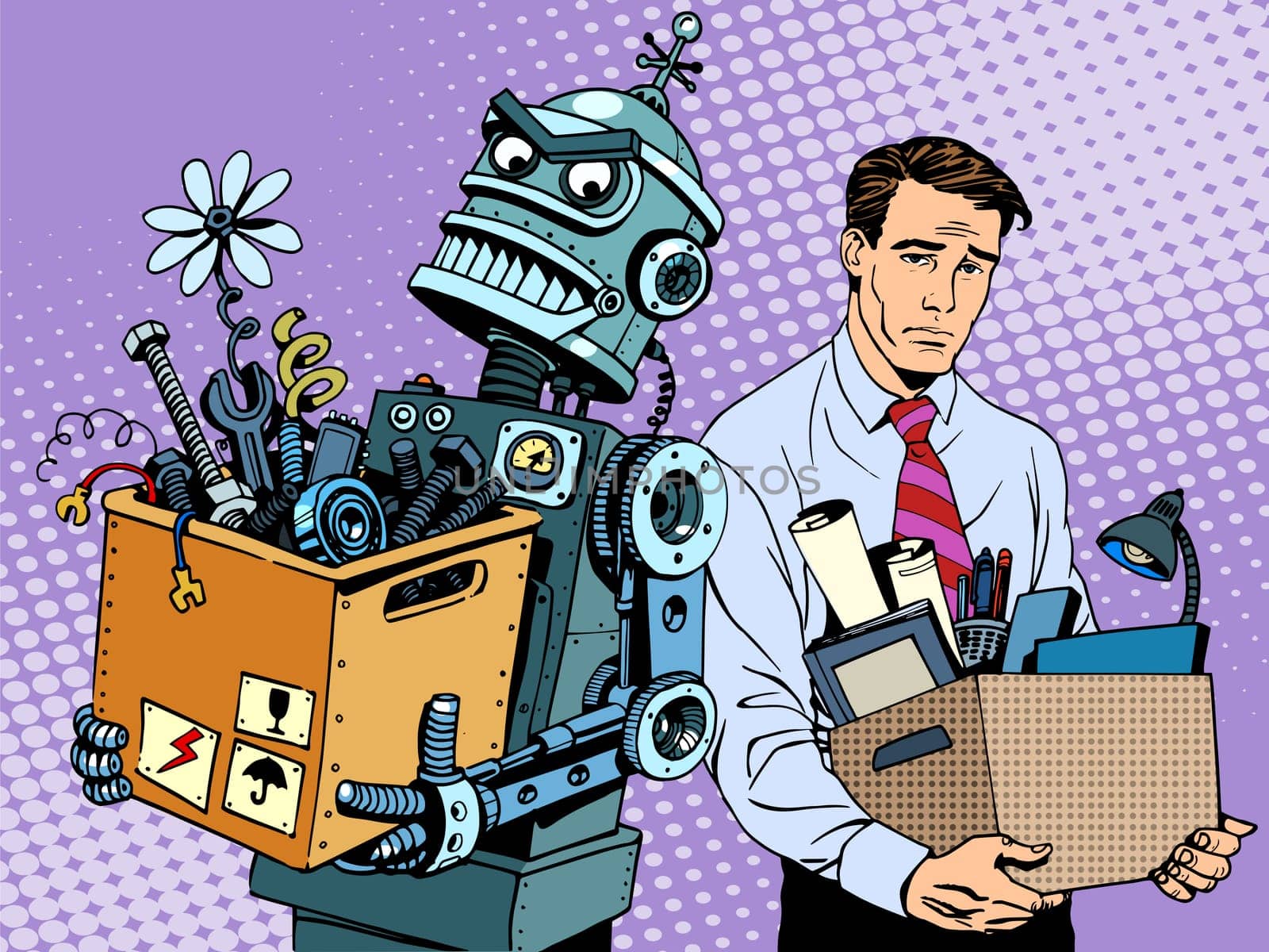 New technologies robot replaces human pop art retro style. Gadgets are changing the world