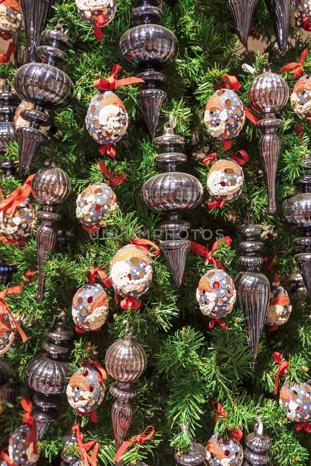 Ornaments on a christmas tree close-up