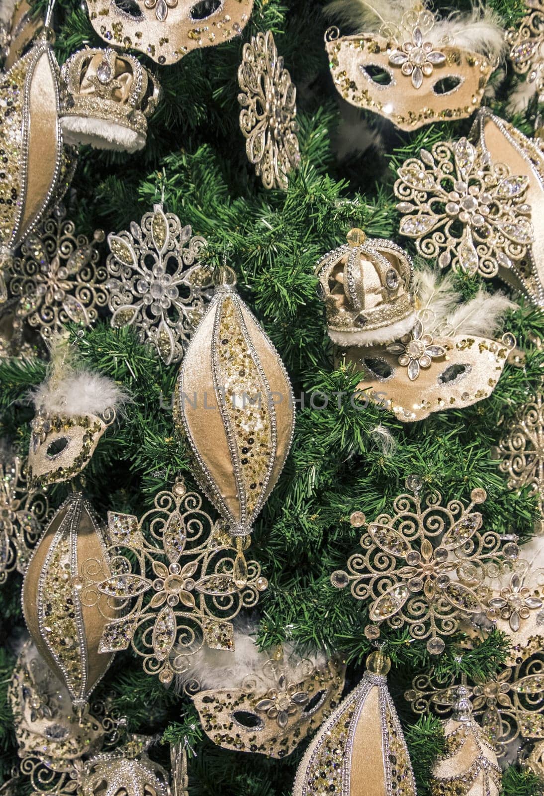 Ornaments on a christmas tree close-up