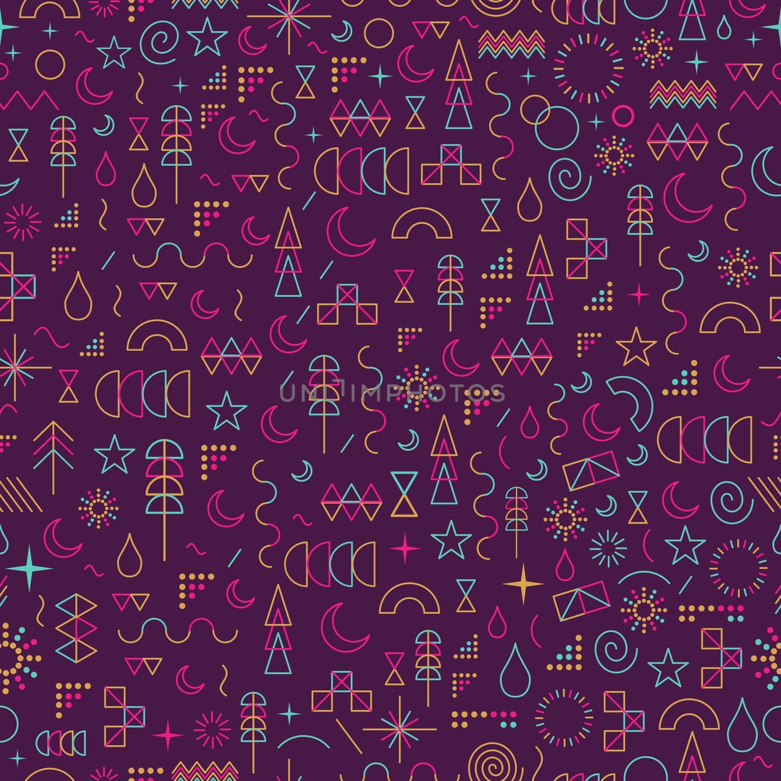 Seamless pattern in line art style with colorful geometry elements. EPS10 vector.