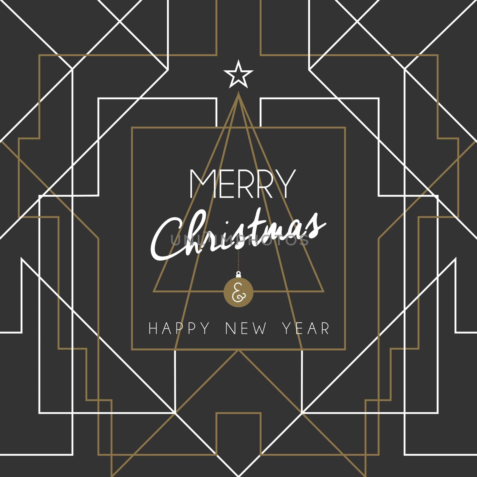 Merry christmas and happy new year holiday greeting card. Geometry lines, art deco style with vintage xmas pine tree. EPS10 vector.