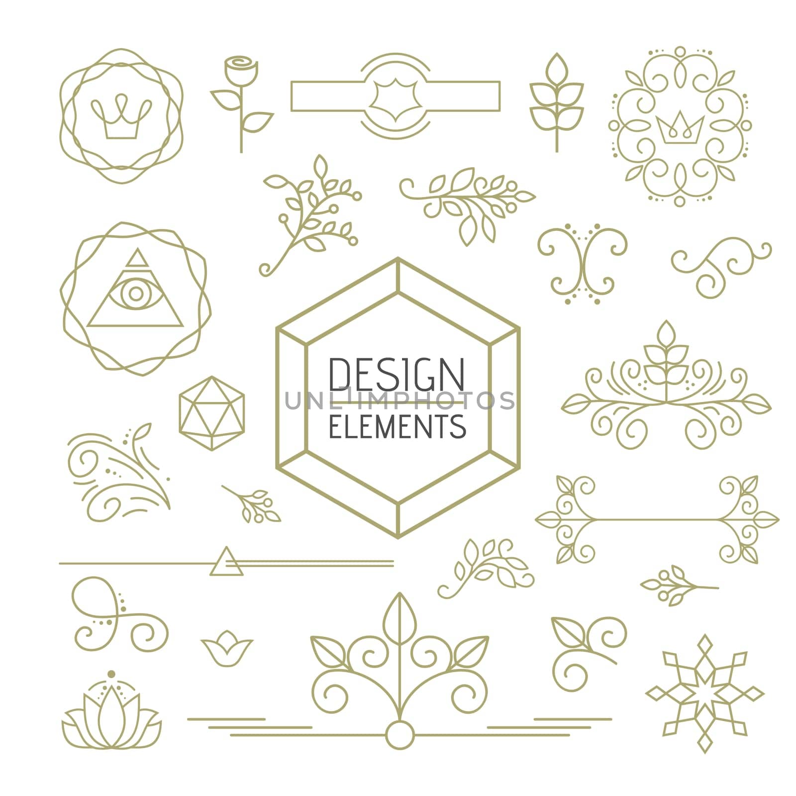Design elements set mono line outline style, ornamental shapes. Includes nature decoration, flower, plants and leaves. EPS10 vector.