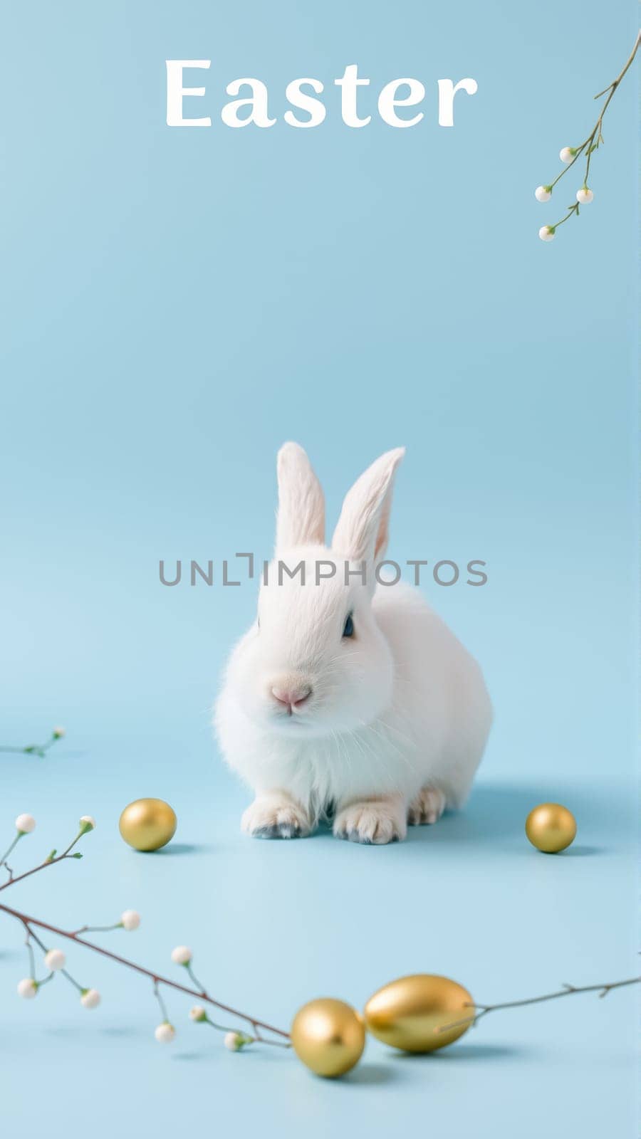 White fluffy rabbit sits on blue isolated background among traditional eggs symbolizing the holiday. High quality photo