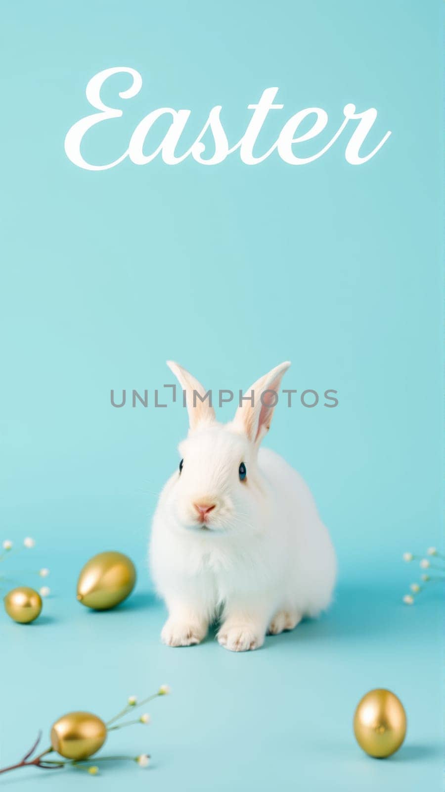 White fluffy rabbit sits on blue isolated background among traditional eggs symbolizing the holiday. High quality photo