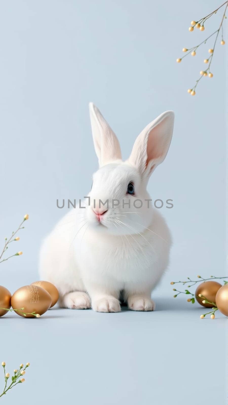 White fluffy rabbit sits on blue isolated background among traditional eggs symbolizing the holiday. High quality photo