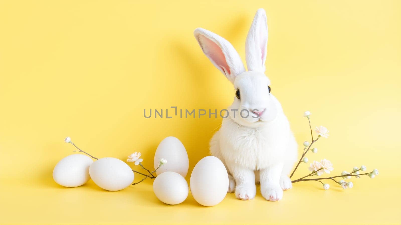 White fluffy rabbit sits on yellow isolated background among traditional eggs symbolizing the holiday. High quality photo
