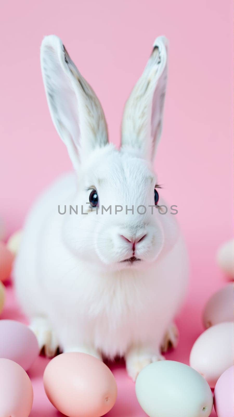White fluffy rabbit sits on pink isolated background among colorful eggs. High quality photo