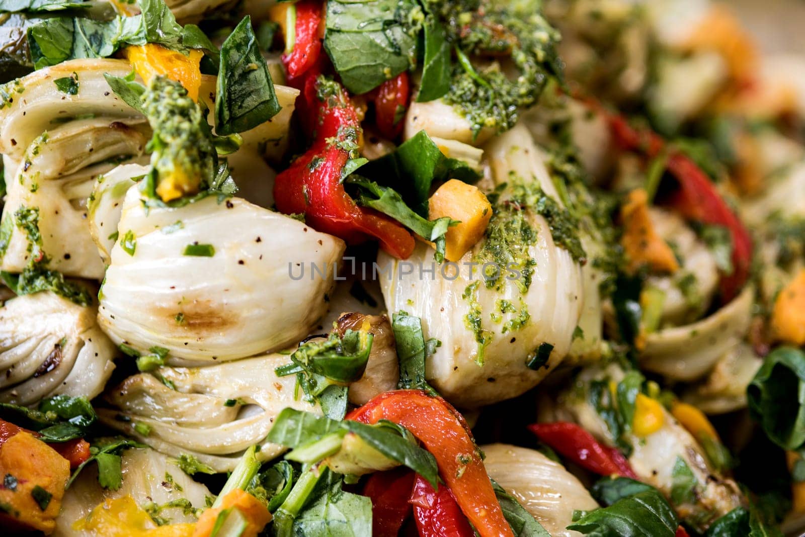 Close up shot of roasted pasta salad