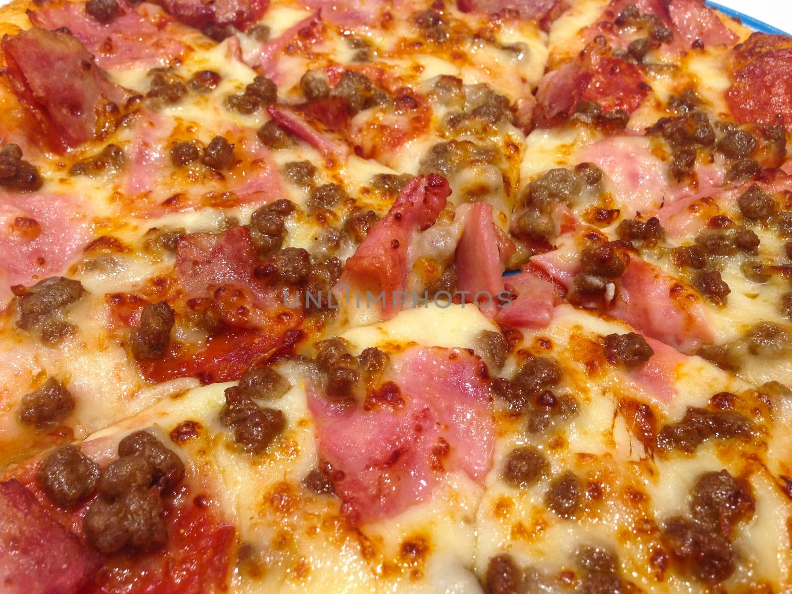 Closeup of freshly baked pizza made with bacon, meat, mozzarella and tomato sauce
