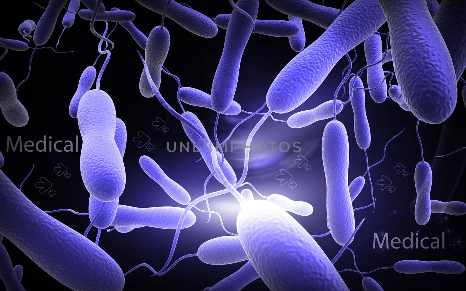 Digital illustration of cholera bacteria in colour background
