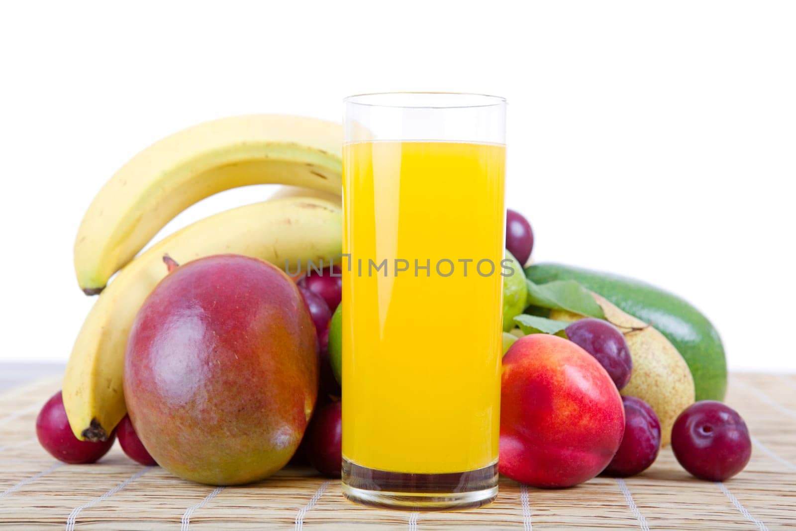 fruits and juice isolated on white background