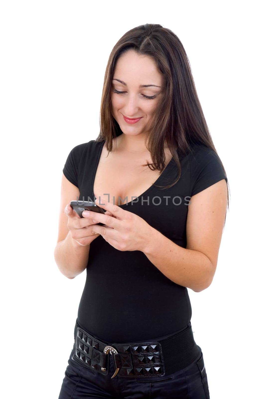 young woman with a phone, isolated on white