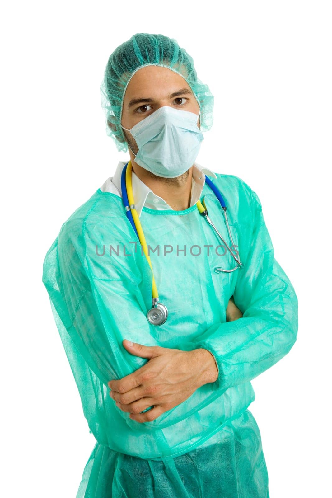 young male doctor, isolated on white background