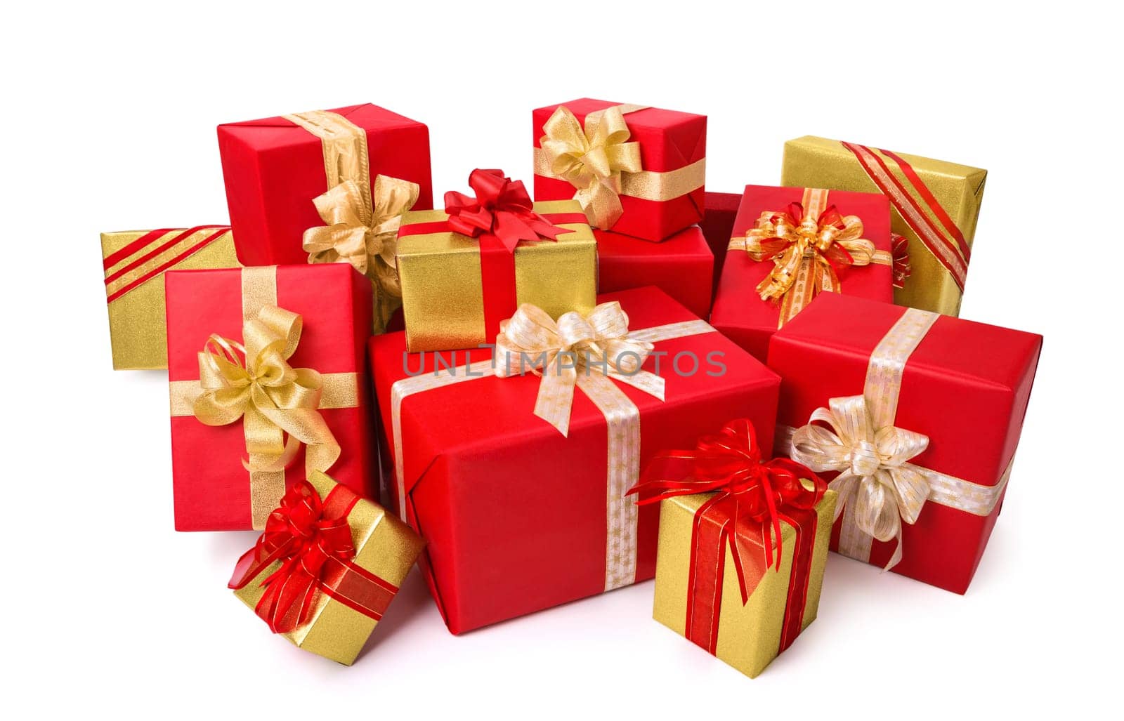Fashionable pile of red and gold gift boxes with ornate bows,studio isolated on white background