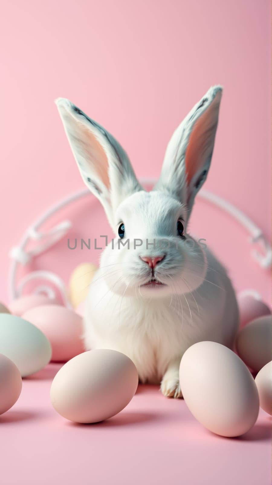 White fluffy rabbit sits on pink isolated background among colorful eggs. High quality photo