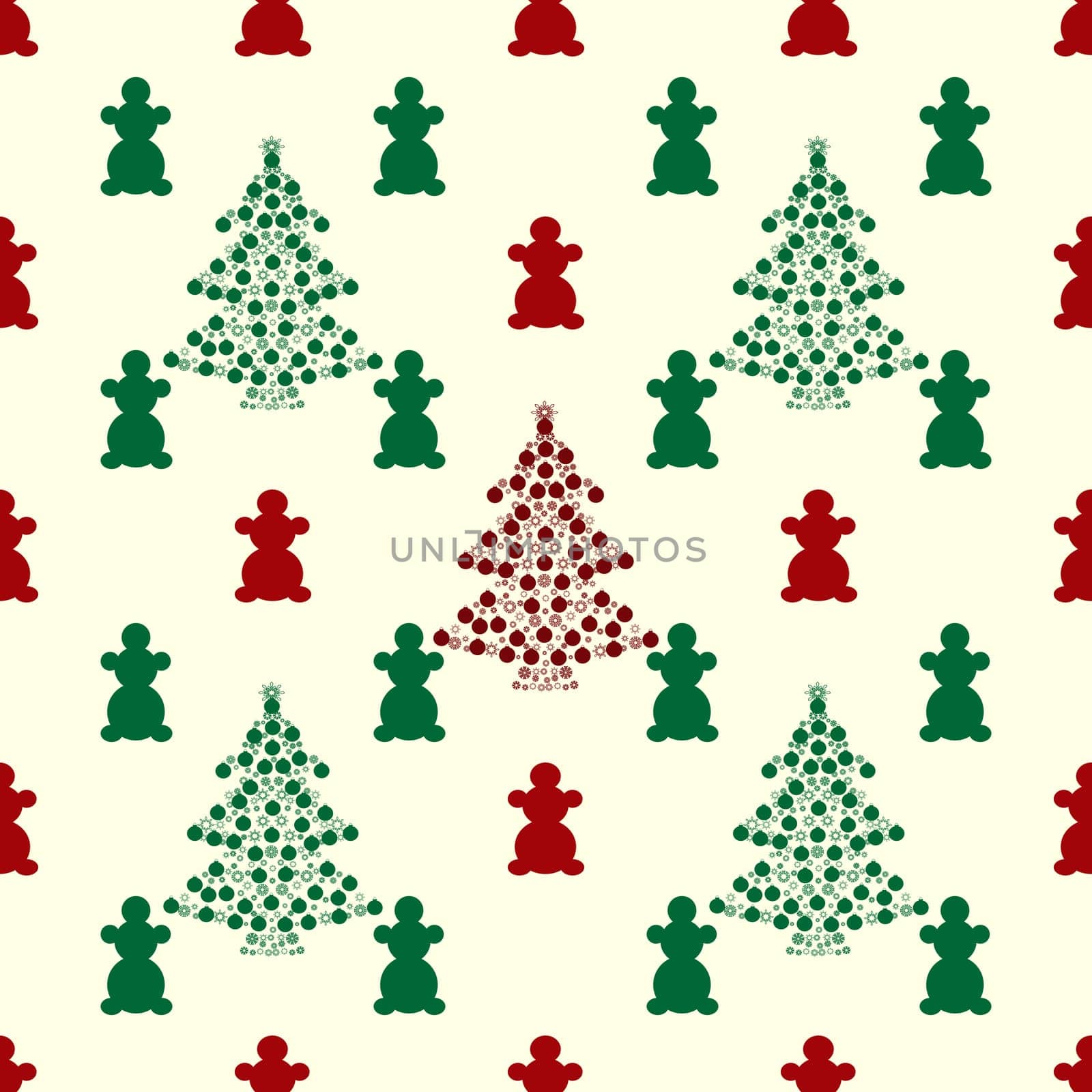 Christmas tree and snowmen red green. Holiday vector background seamless pattern