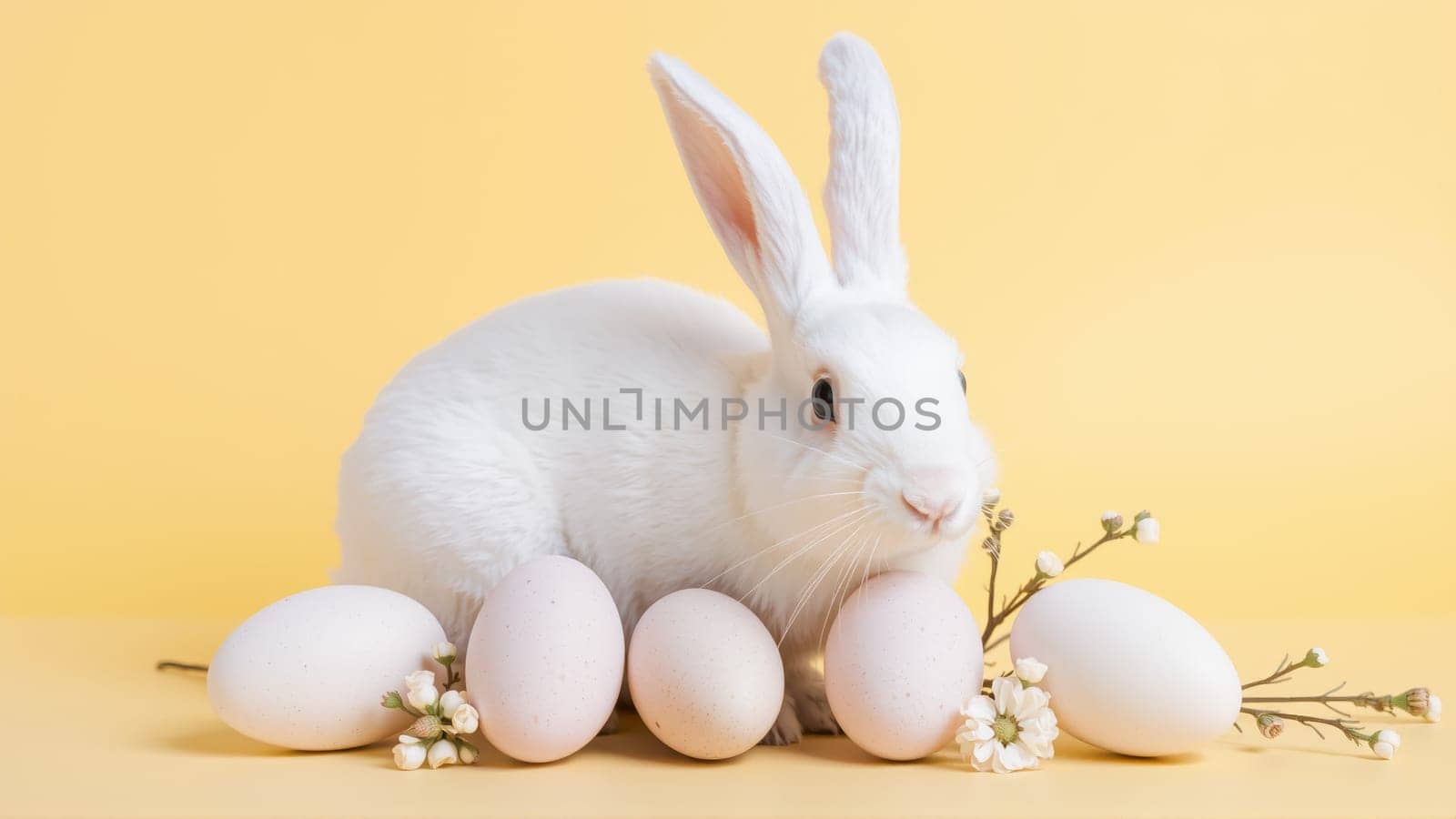White fluffy rabbit sits on yellow isolated background among traditional eggs symbolizing the holiday. High quality photo