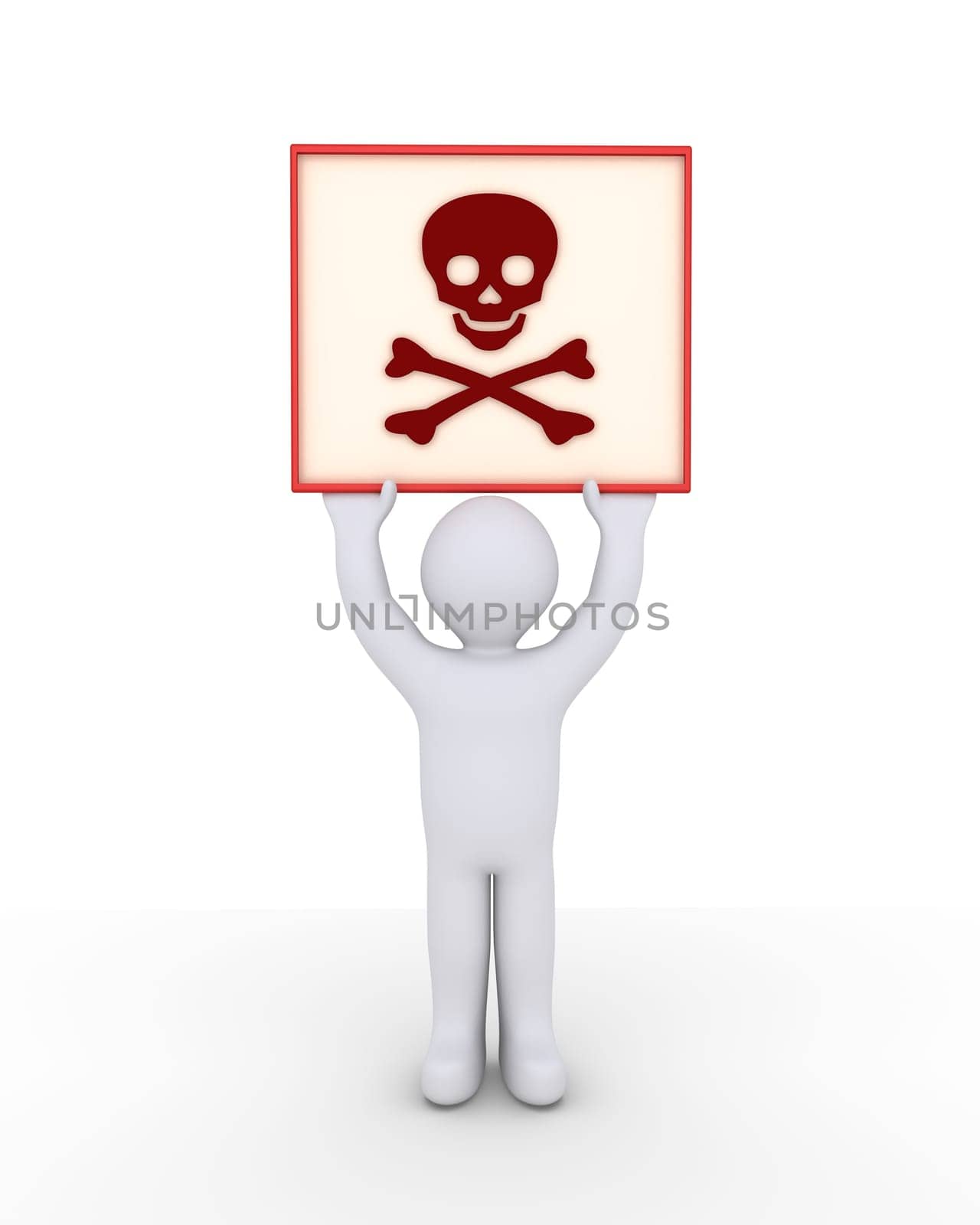 Person is holding high a sign with a skull and bones symbol on it