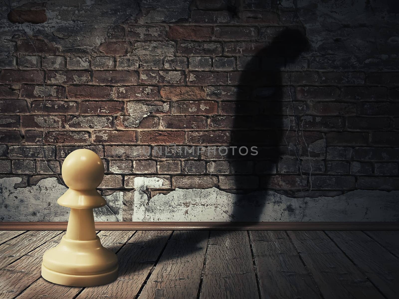 A white pawn piece into a dark room with its man silhouette shadow on a brick wall