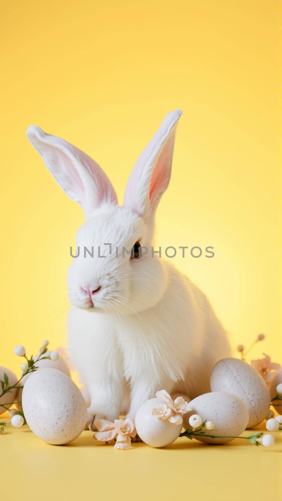 White fluffy rabbit sits on yellow isolated background among traditional eggs symbolizing the holiday. High quality photo