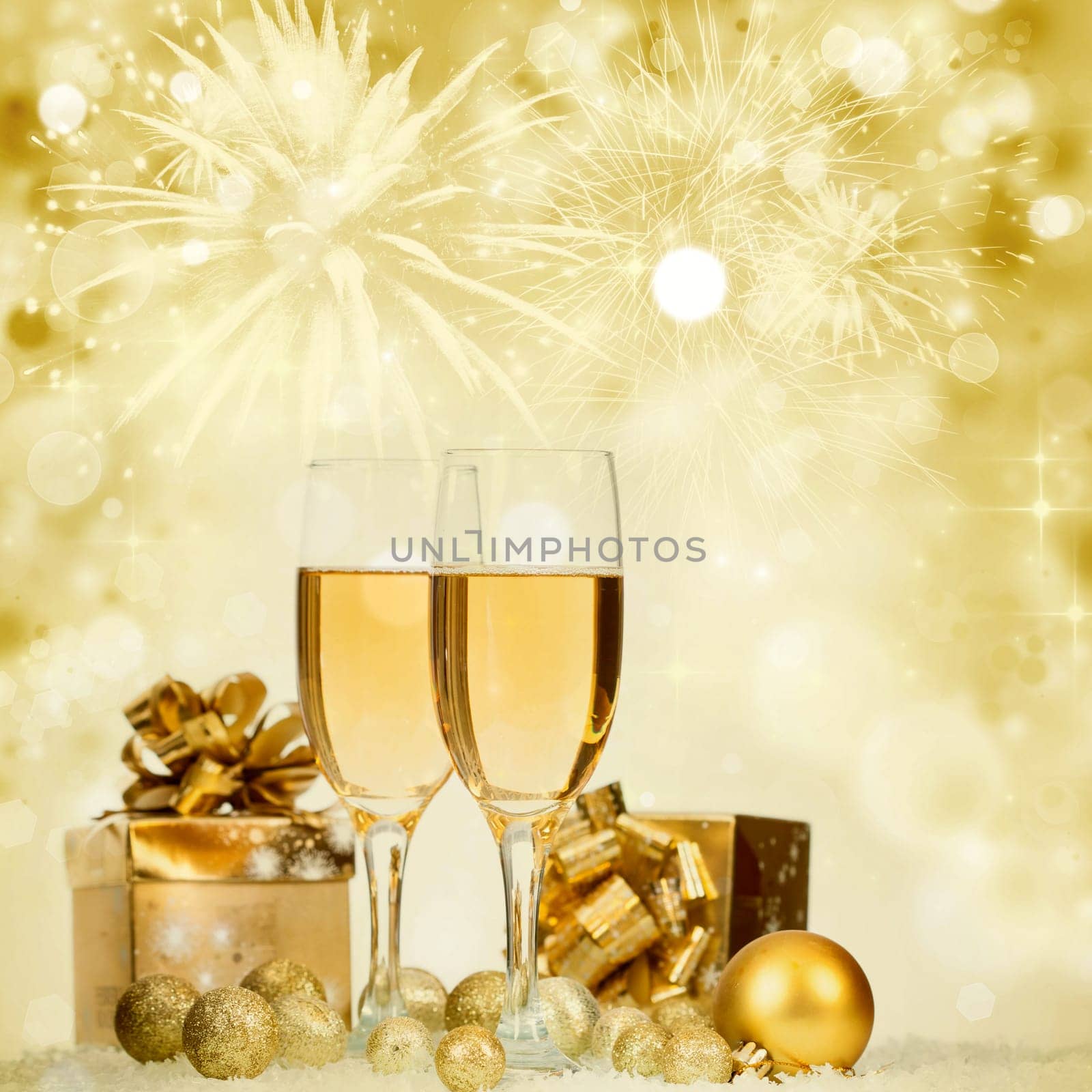 Glasses with champagne against fireworks and clock close to midnight