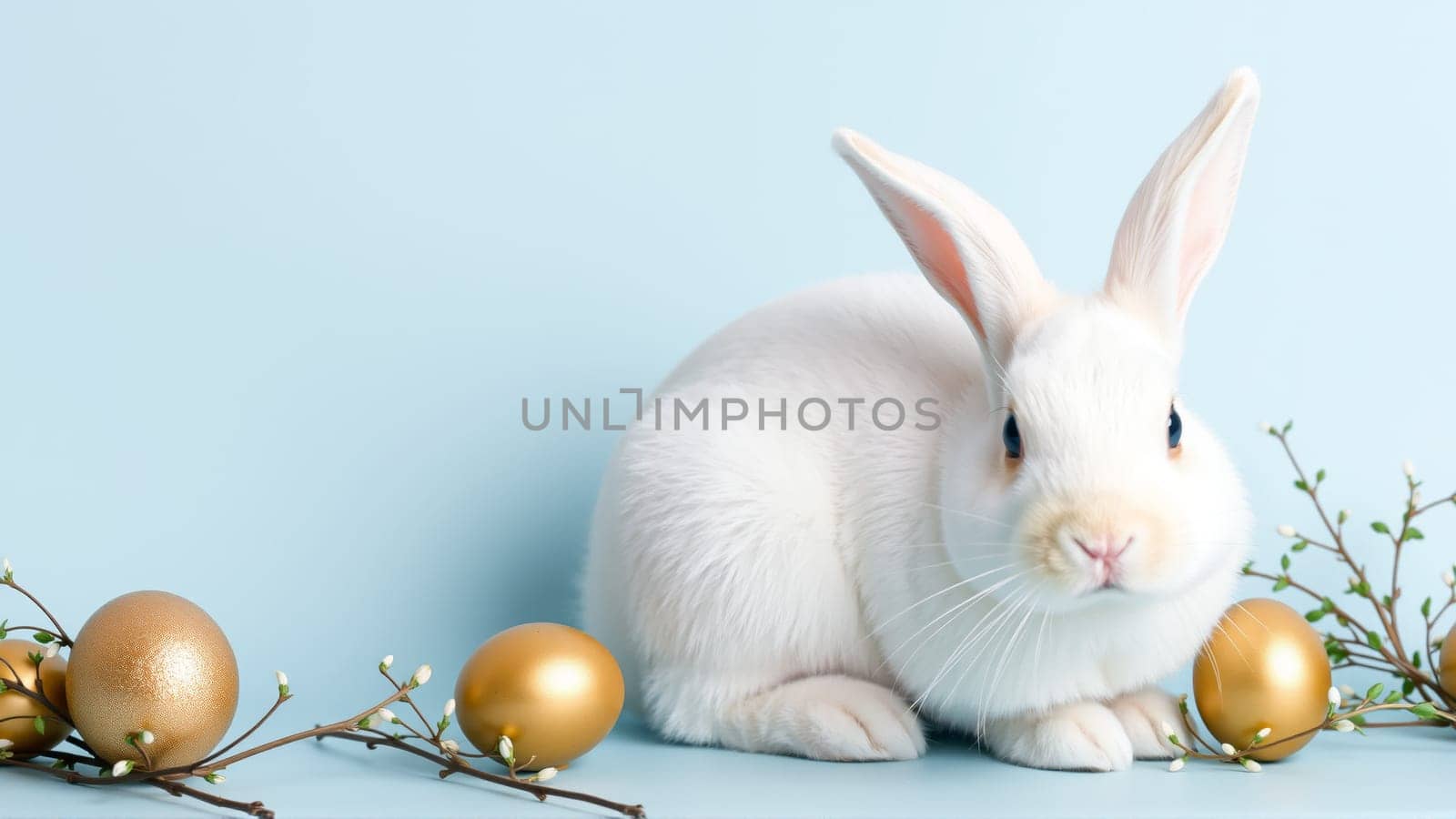 White fluffy rabbit sits on blue isolated background among traditional eggs symbolizing the holiday. High quality photo