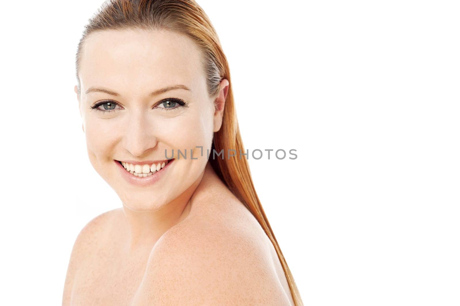 Beautiful young topless lady over white