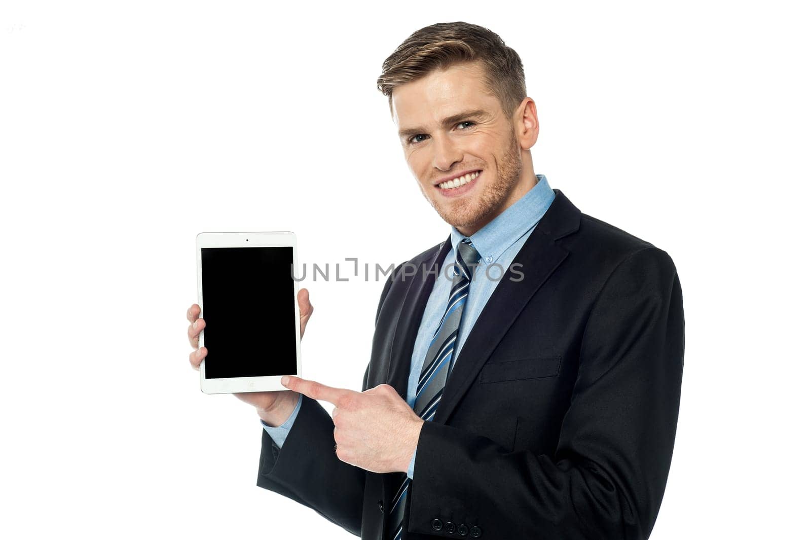Young entrepreneur pointing at new smart device