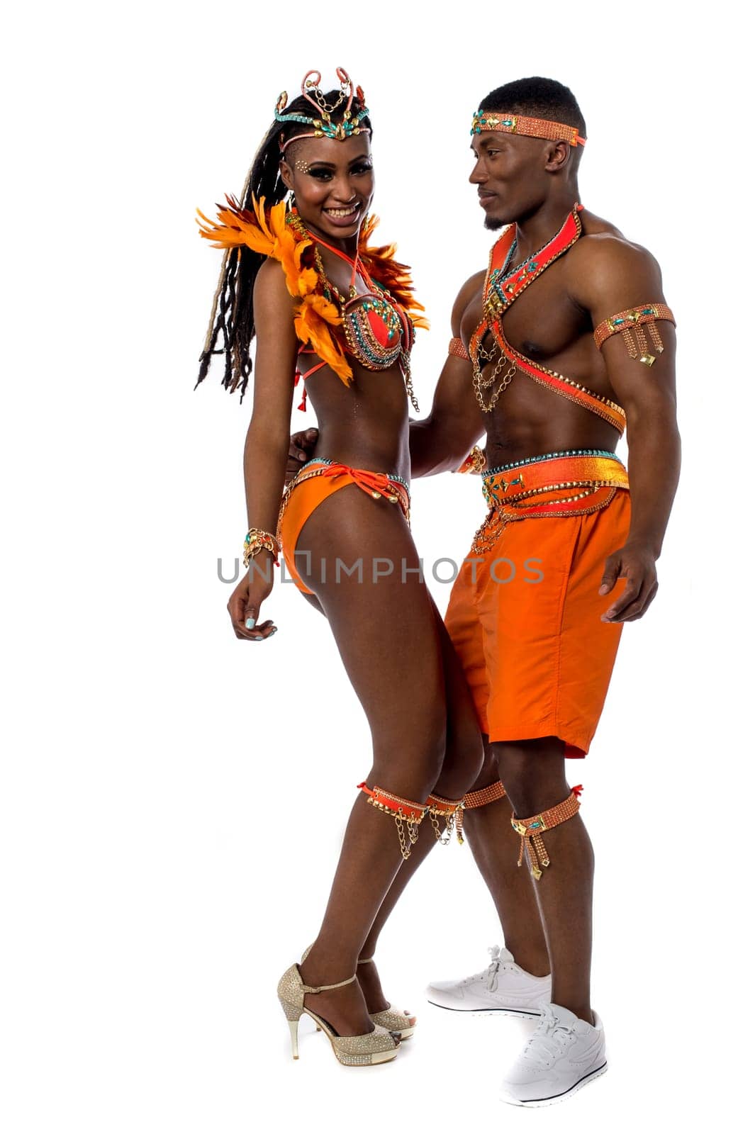 Male and female samba dancers in action