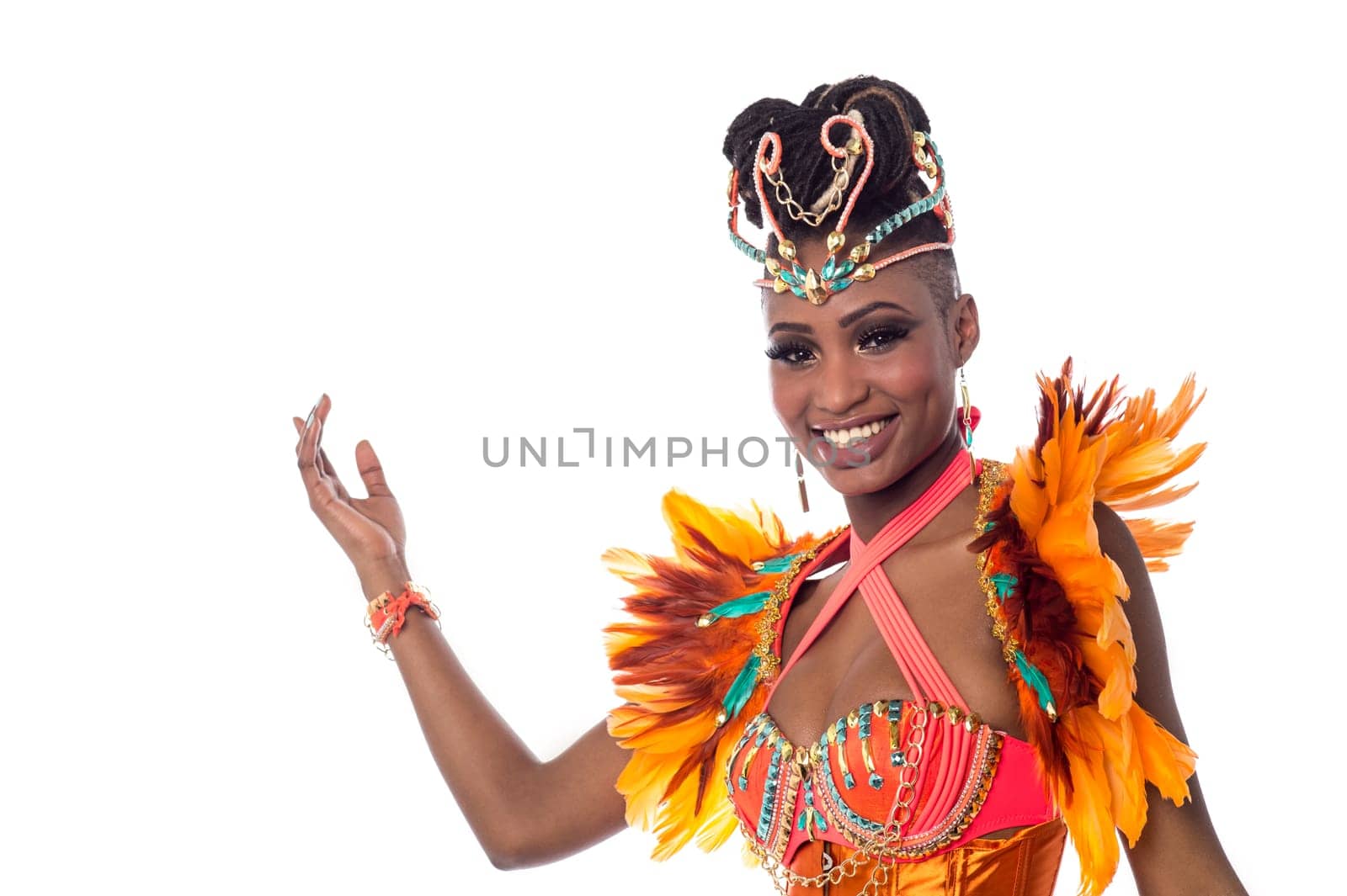 Samba dancer in action, white background.