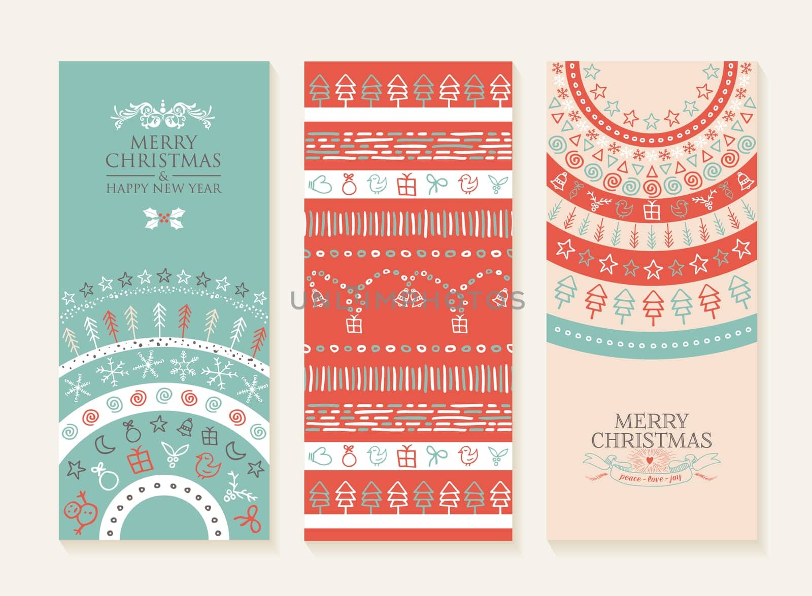 Merry christmas happy new year set of banners and seamless pattern with holiday doodle elements. Ideal for web, social media or xmas card design. EPS10 vector.