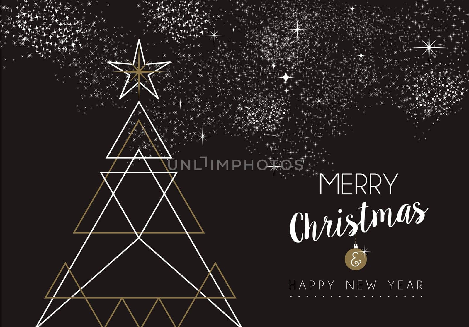 Merry christmas happy new year pine tree design in art deco outline style. Ideal for xmas greeting card or holiday poster. EPS10 vector.