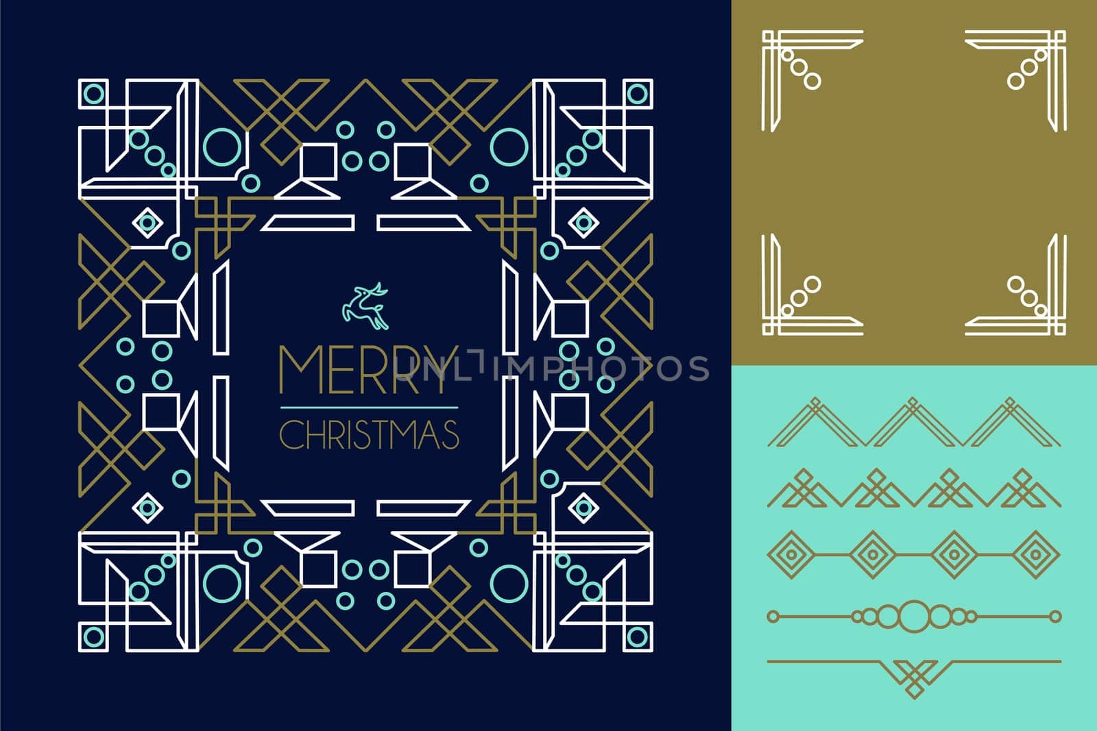 Merry christmas mono line set of frames and lettering elements in abstract art deco style. Ideal for making your own xmas greeting card. EPS10 vector.   .