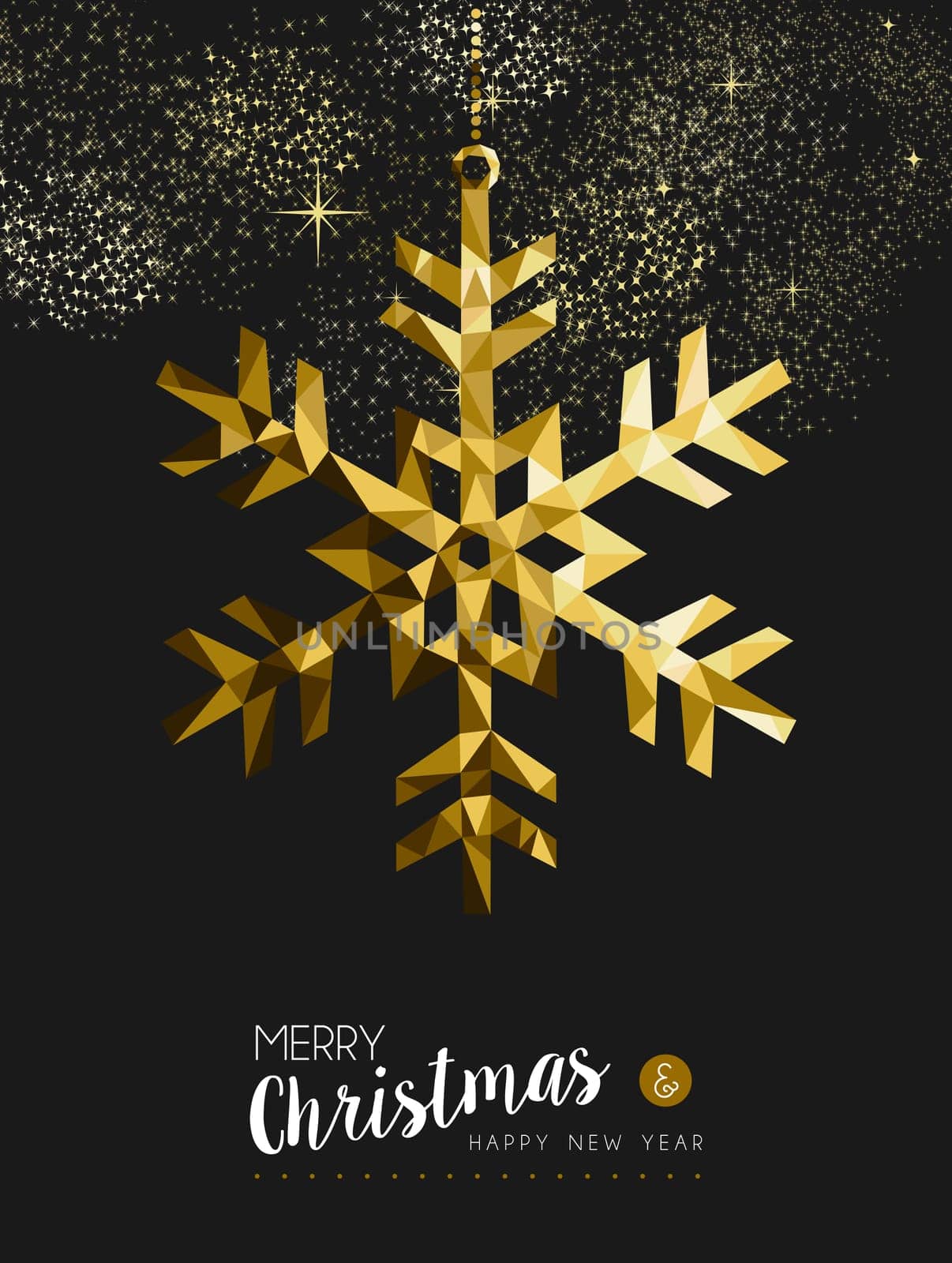 Merry christmas happy new year fancy gold winter snowflake shape in hipster origami style. Ideal for xmas card or elegant holiday party invitation. EPS10 vector.