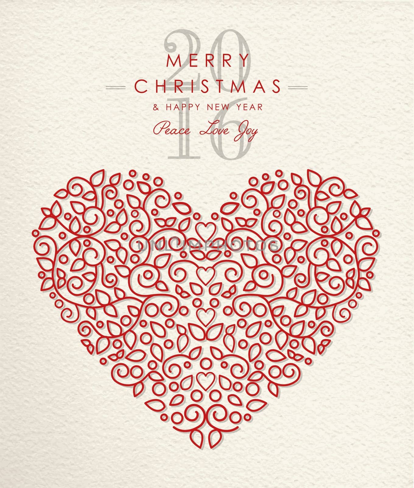 Merry christmas happy new year 2016 heart shape in ornament outline style, holiday love design. Ideal for xmas greeting card. EPS10 vector.   .