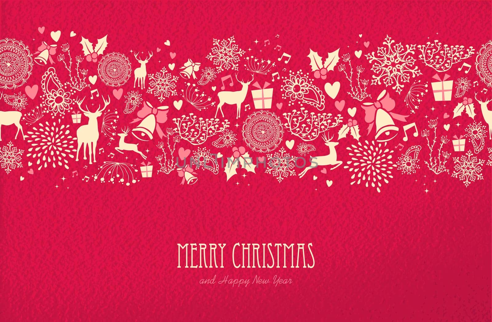 Merry christmas happy new year seamless pattern design on red texture background with deer, nature, and holiday elements. Ideal for xmas greeting card. EPS10 vector.