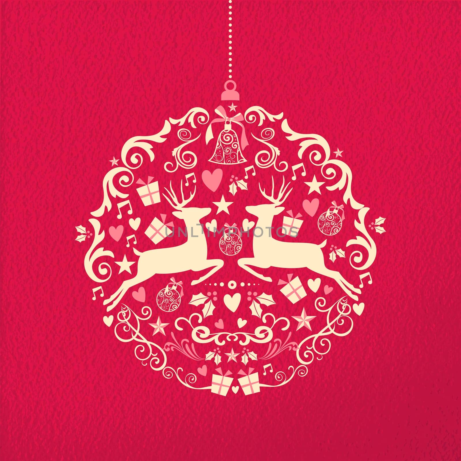 Merry christmas happy new year ornament ball shape on red paper texture background with deer and vintage elements. Ideal for xmas greeting card or holiday party invitation. EPS10 vector.