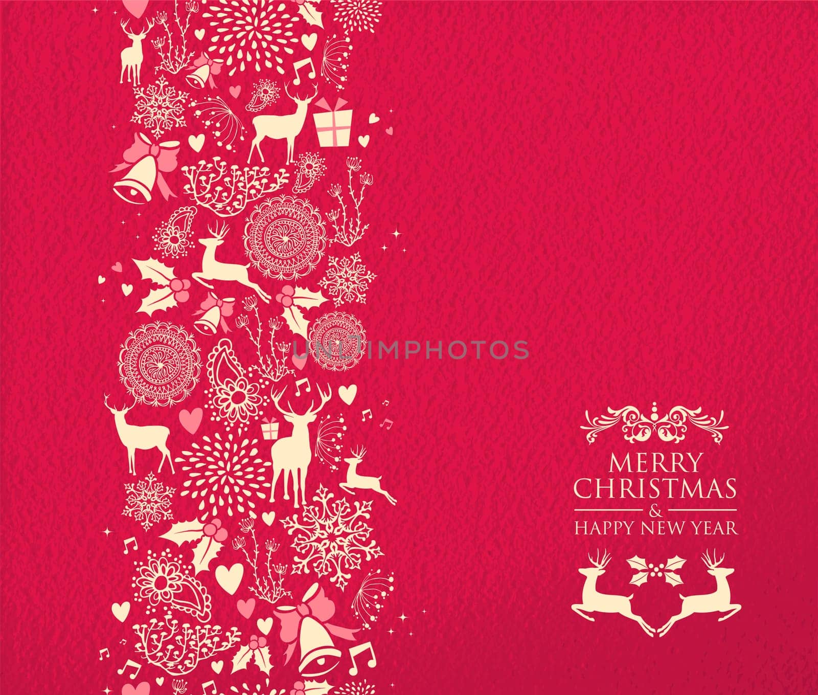 Merry christmas happy new year seamless pattern design on red texture background with deer and holiday elements. Ideal for xmas greeting card. EPS10 vector.