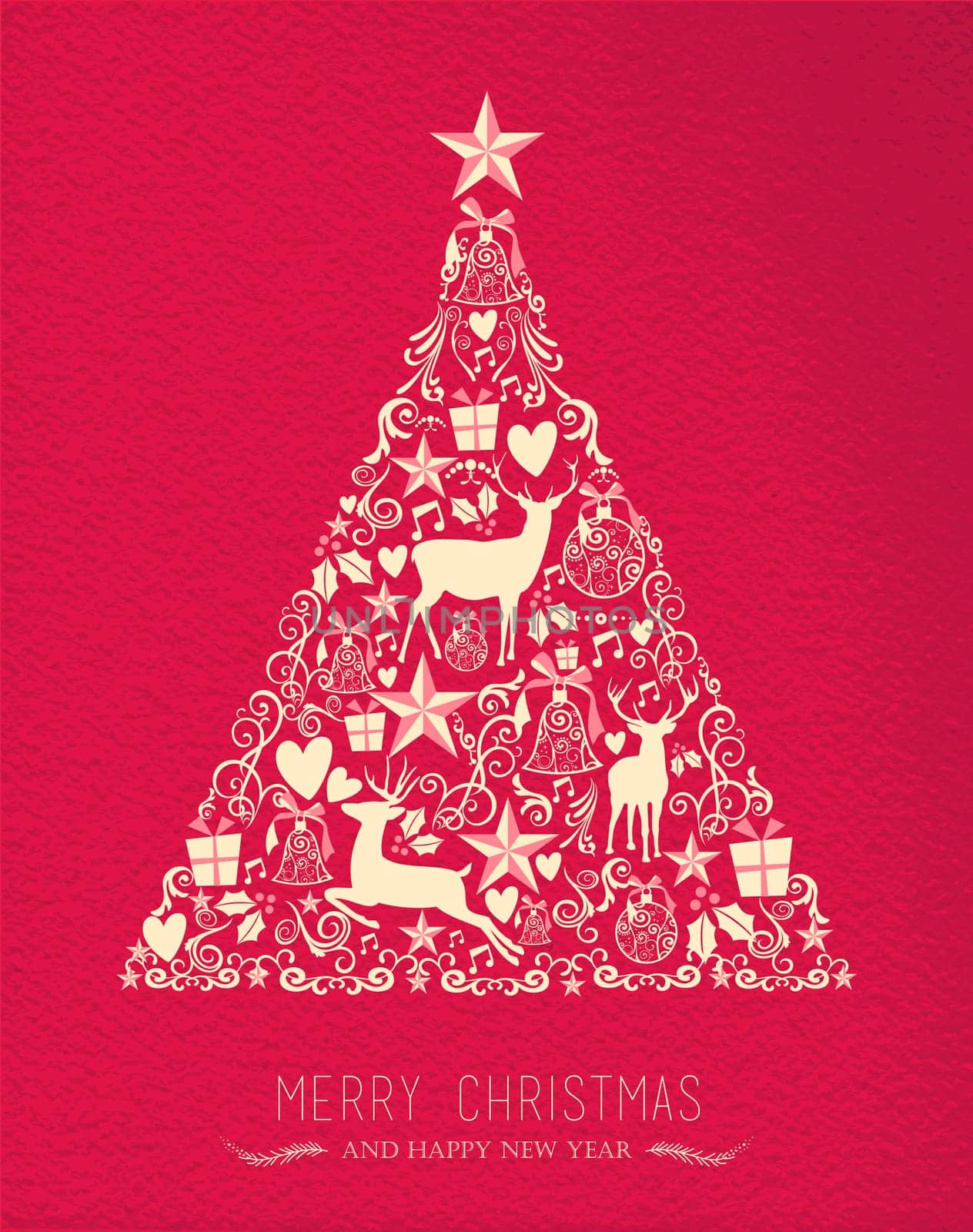 Merry christmas happy new year pine tree design on red paper texture background with deer and vintage elements. Ideal for xmas greeting card or holiday party invitation. EPS10 vector.       .