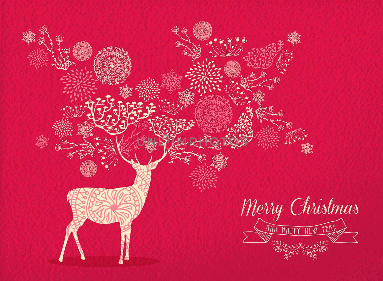 Merry christmas happy new year deer design on red texture background with nature elements and label. Ideal for holiday greeting card. EPS10 vector.       .