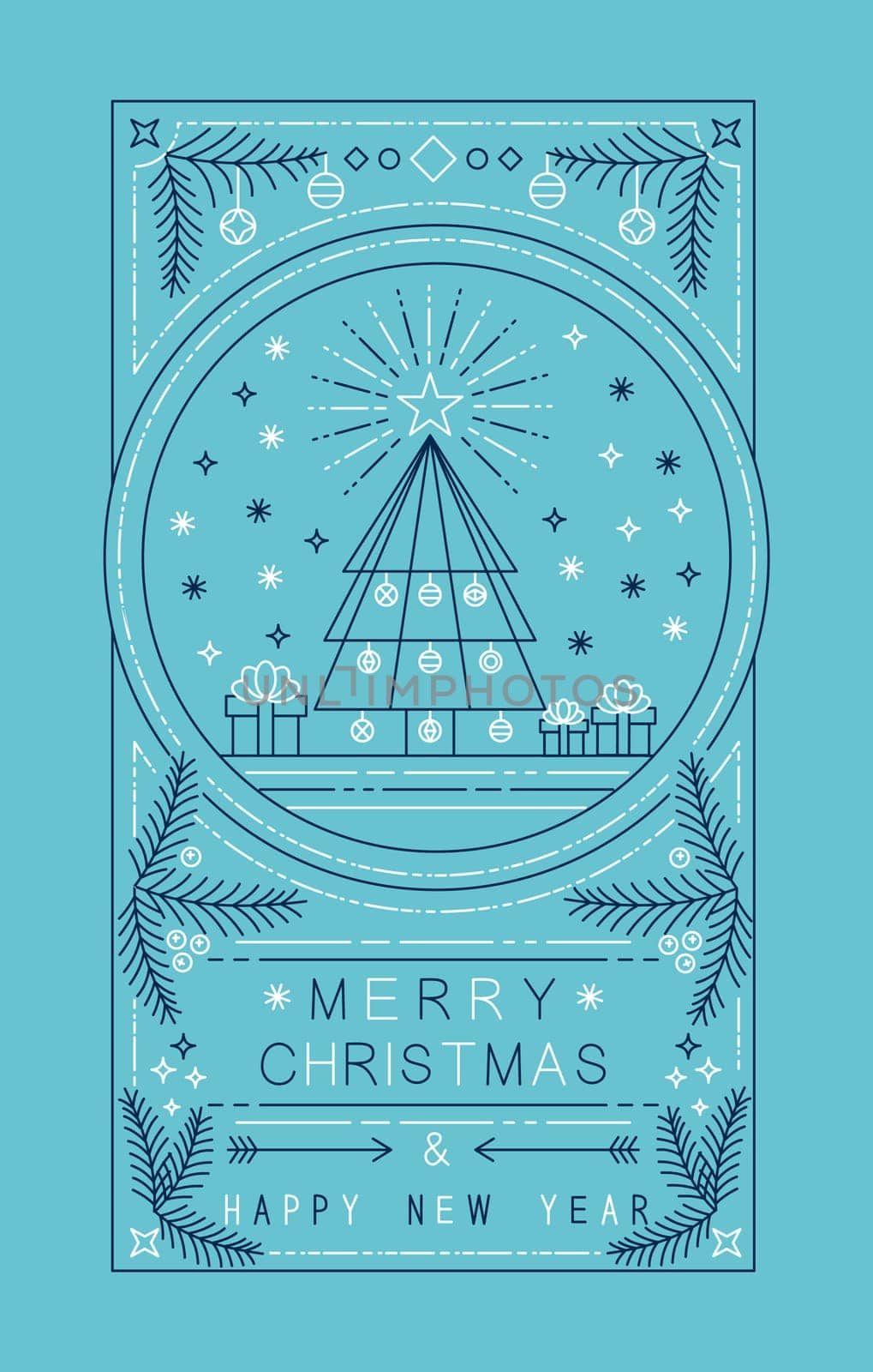 Merry Christmas happy New Year outline style design with holiday tree badge, holly, and xmas ornament decoration. Ideal for poster or greeting card. EPS10 vector.   .