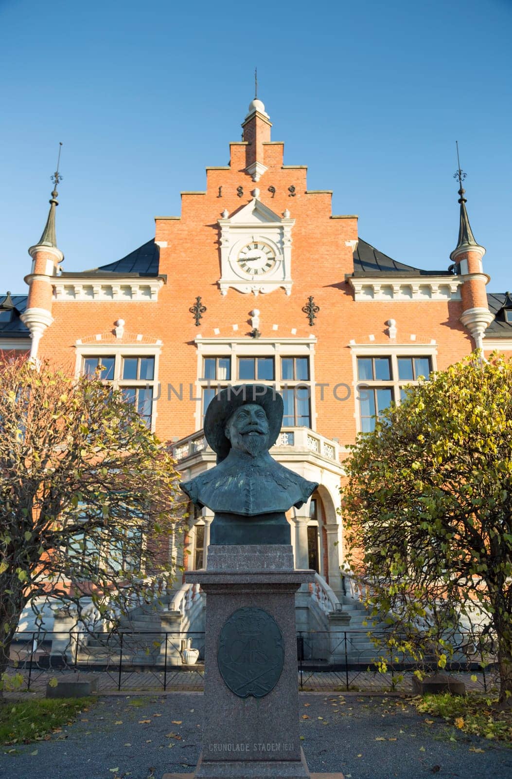 Town House in Umeå, Sweden with king Gustav II Adolf in front of it. The founder of Umeå.