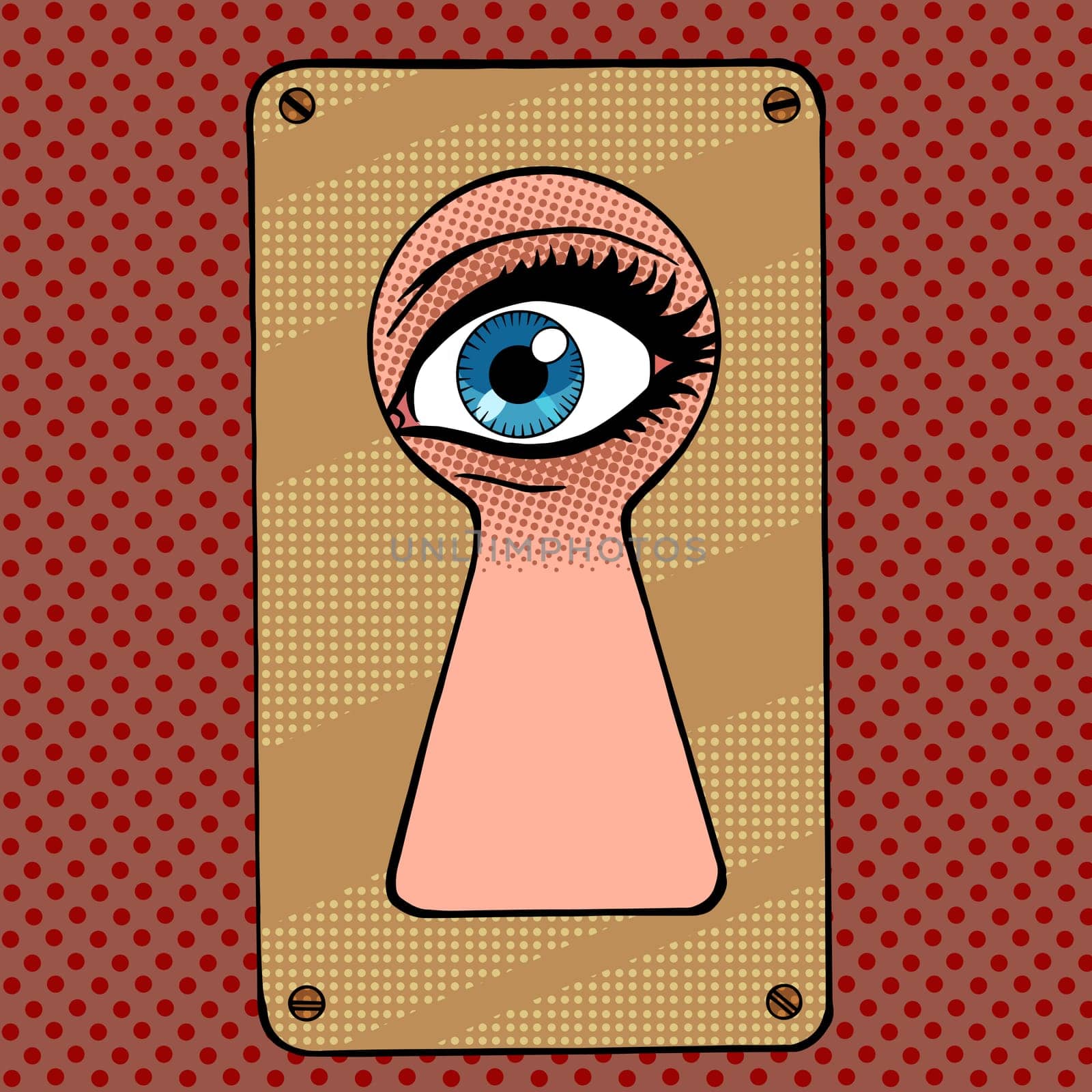 Look through the keyhole snooping and curiosity pop art retro vintage style