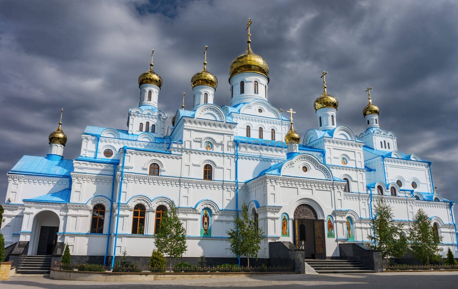 monastery in the town of Pochaev on the sky background