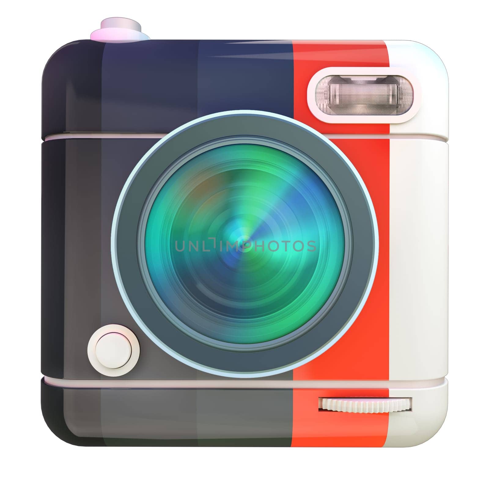 3D rendering of a photo camera icon with black, red and white colors