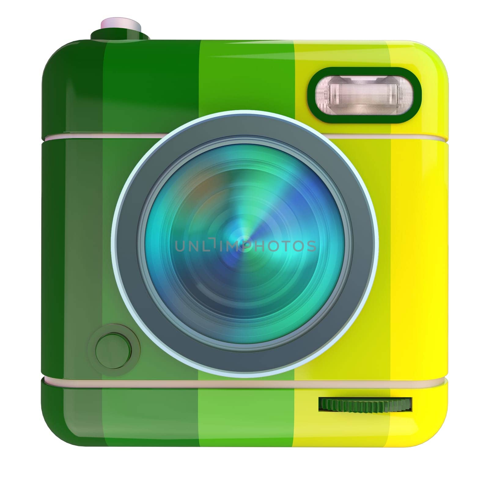 3D rendering of a photo camera icon with a Brazil flag colors