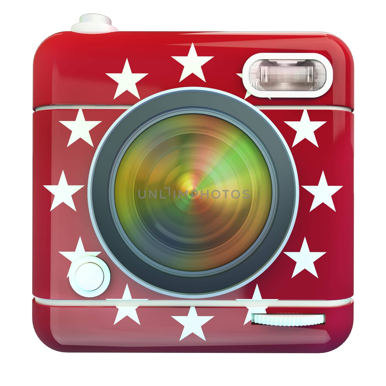 3D rendering of a photo camera icon red with white stars