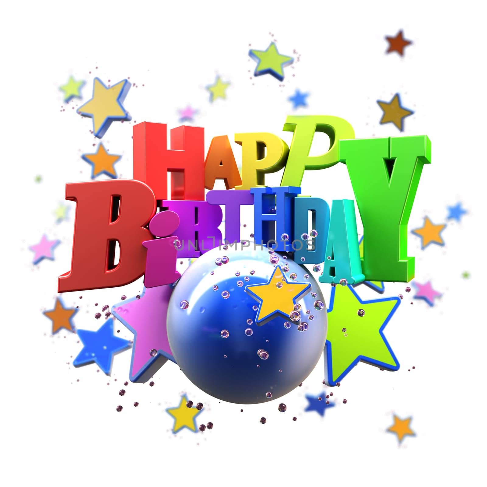 3D rendering of a Happy Birthday greeting message with stars